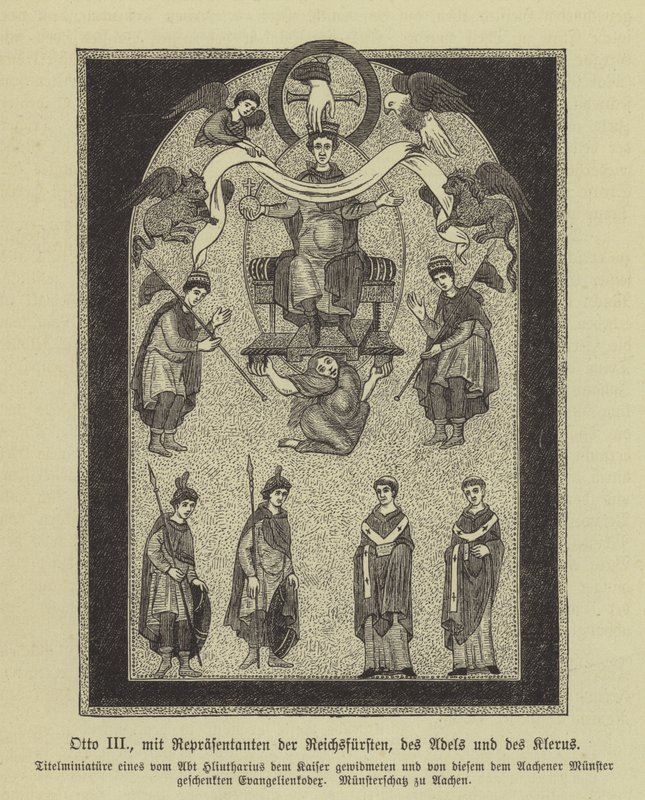 Otto III, den hellige romerske keiseren, med representanter for prinsene, adelen og presteskapet (gravering) av German School