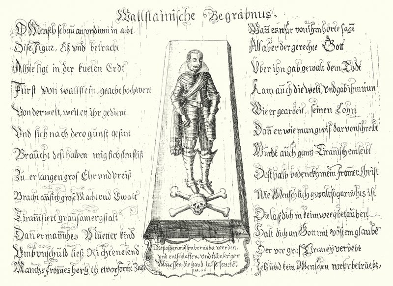 Pamflett utstedt til minne om den myrdede bohemske militærlederen Albrecht von Wallenstein (gravering) av German School