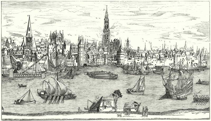 Panorama over Antwerpen på begynnelsen av 1500-tallet (gravering) av German School