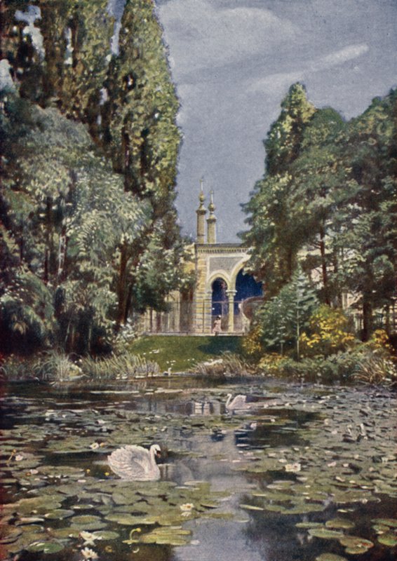 En del av Vierwaldstattersee og antilopehuset, Berlin Zoological Garden, Tyskland (farge litho) av German School