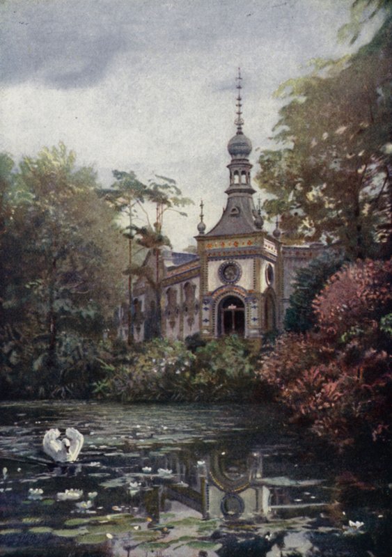 En del av Vierwaldstattersee og det nye apehuset, Berlin Zoological Garden, Tyskland (farge litho) av German School