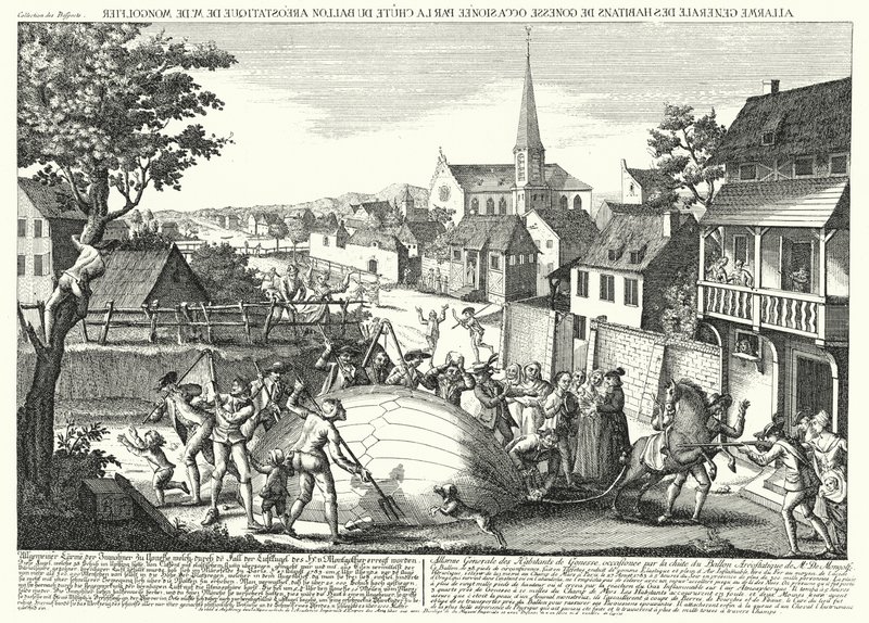 Bønder som angriper ballongen til Jacques Charles og Robert Brothers etter at den kom ned ved Gonesse, 27. august 1783 (gravering) av German School