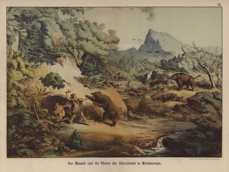 Mennesker og dyr i det forhistoriske Europa (farge litho) av German School