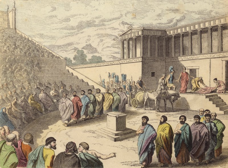 Fremføring av stykket Agamemnon i et teater i antikkens Hellas (farget gravering) av German School