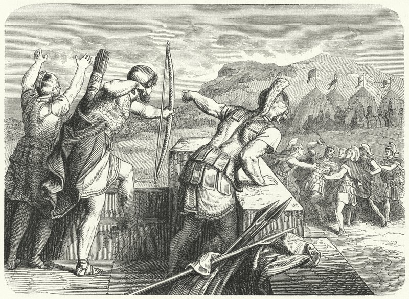 Filip II av Macedon såret i øyet ved beleiringen av Methone, 355 f.Kr. (gravering) av German School