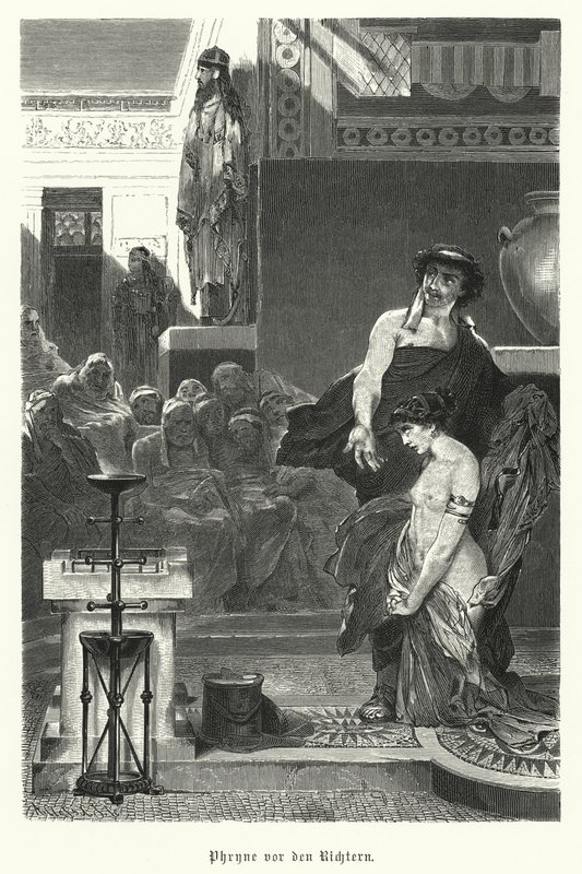 Phryne, gammel gresk kurtisane, tiltalt for ugudelighet, 4. århundre f.Kr. (gravering) av German School