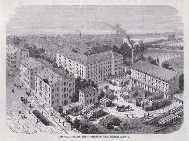 Pianofabrikk til Julius Bluethner, Leipzig, Tyskland (gravering) av German School