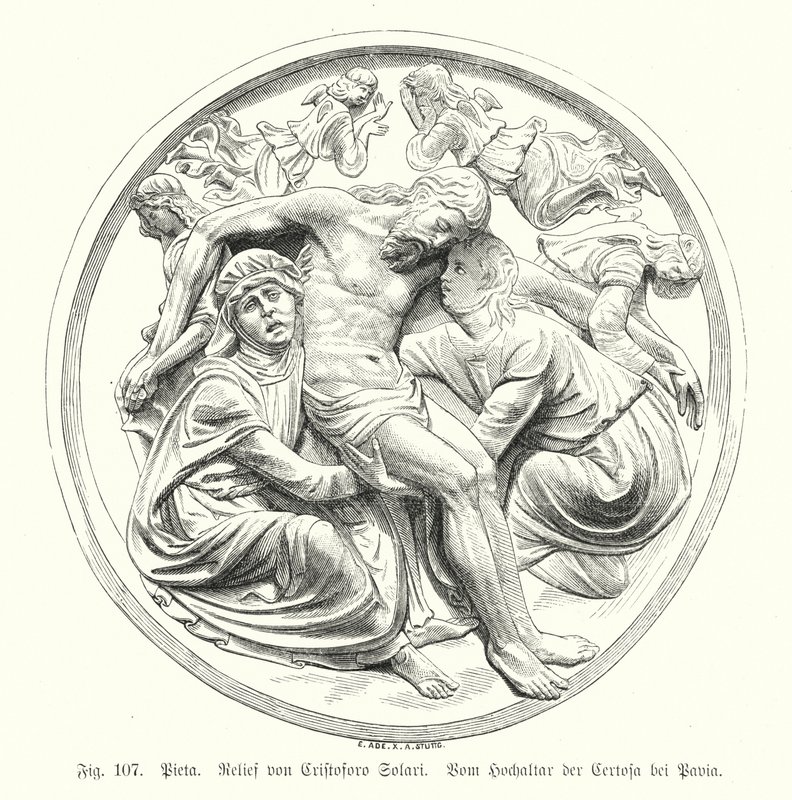 Pieta, relieff av Cristoforo Solari fra høyalteret til Certosa di Pavia, Italia (gravering) av German School