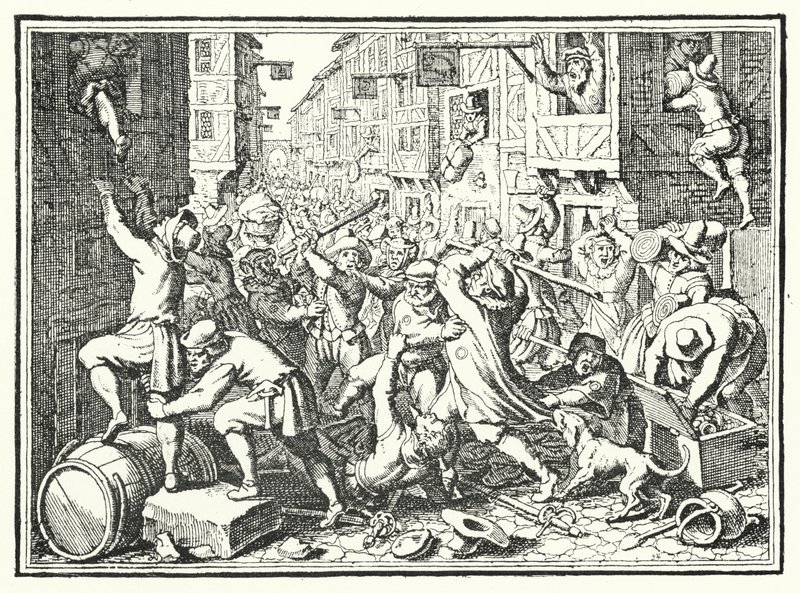 Plyndring av Judengasse, den jødiske ghettoen i Frankfurt, i Fettmilch-opprøret, 1614 av German School