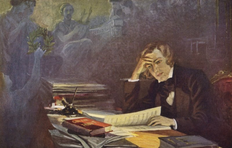 Portrett av Robert Schumann (fargelitografi) av German School