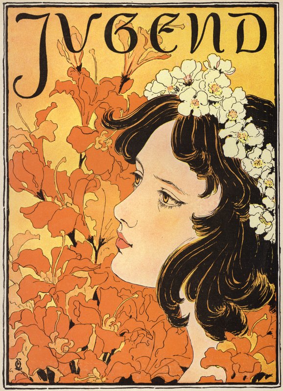 Portrett av en jente med blomster i håret (farge litho) av German School