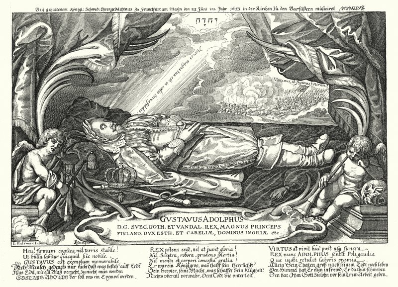 Portrett av den døde kong Gustavus Adolphus av Sverige (gravering) av German School