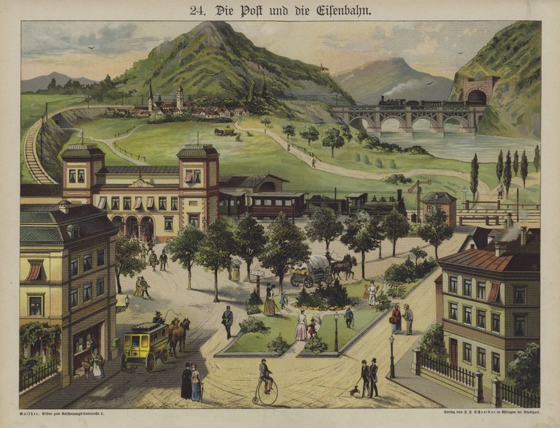 Post og jernbaner (farge litho) av German School