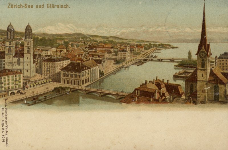 Postkort som viser en generell utsikt over byen Zürich av German School