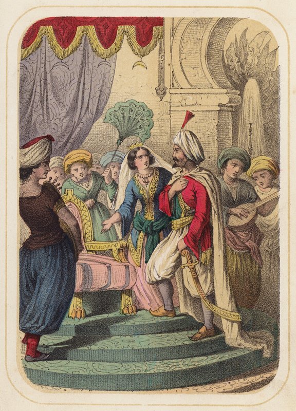 Prins Agib i en scene fra Tusen og én natt (farge litho) av German School
