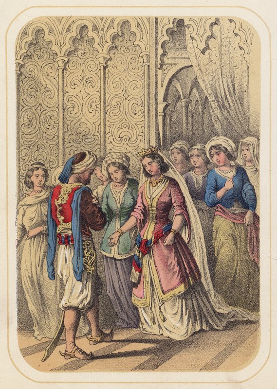 Prins Ahmed og prinsesse Paribanou i en scene fra Tusen og én natt (farge litho) av German School