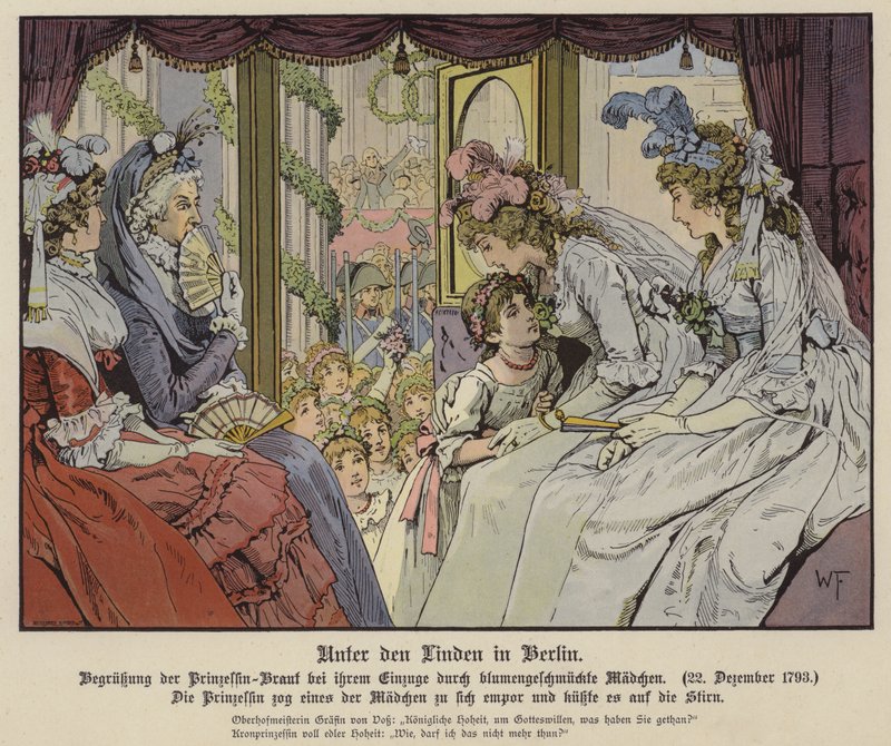 Prinsesse Louise av Mecklenburg-Strelitz kysser en av jentene langs Unter Den Linden for å hilse på hennes ankomst til Berlin for hennes ekteskap med kronprins Frederick III av Preussen, 22. desember 1793 (farge litho) av German School