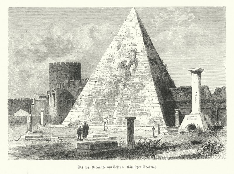 Pyramid of Cestius, grav av Gaius Cestius, Roma, bygget i c12 BC (gravering) av German School