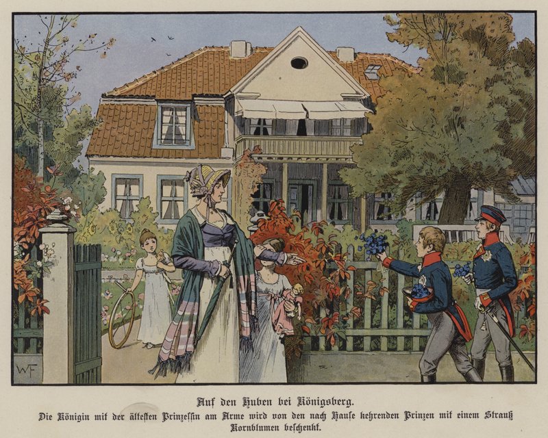 Dronning Louise av Preussen og hennes barn i Konigsberg, Øst-Preussen (farge litho) av German School