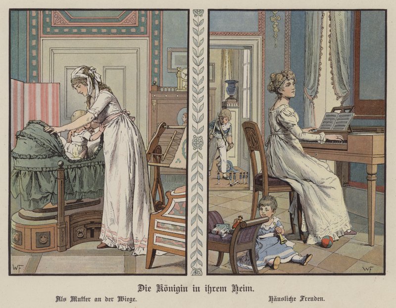 Dronning Louise av Preussen hjemme (farge litho) av German School