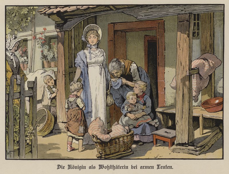 Dronning Louise av Preussen, velgjører for de fattige (farge litho) av German School