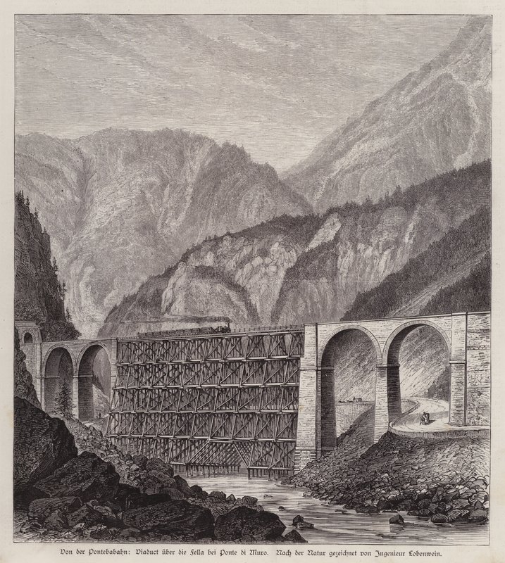 Jernbaneviadukt over elven Fella ved Ponte di Muro, Friuli, Italia (gravering) av German School