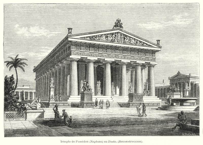 Rekonstruksjon av det antikke greske tempelet Poseidon, Paestum, Italia (litho) av German School