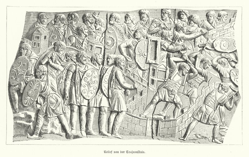 Relieff fra Trajans søyle, Roma, som viser romerne som beseirer dacierne (gravering) av German School