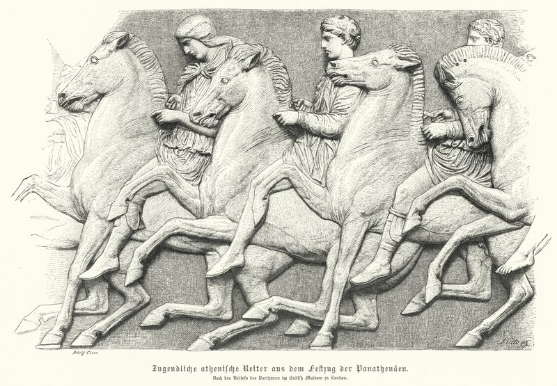 Relieff fra Parthenon-frisen som viser athenske ungdommer som rir på hester (gravering) av German School