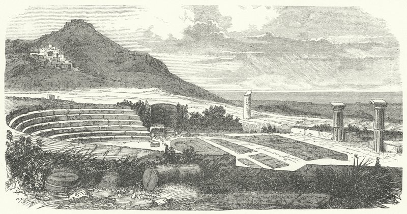 Rester av det gamle romerske teateret i Tusculum (gravering) av German School