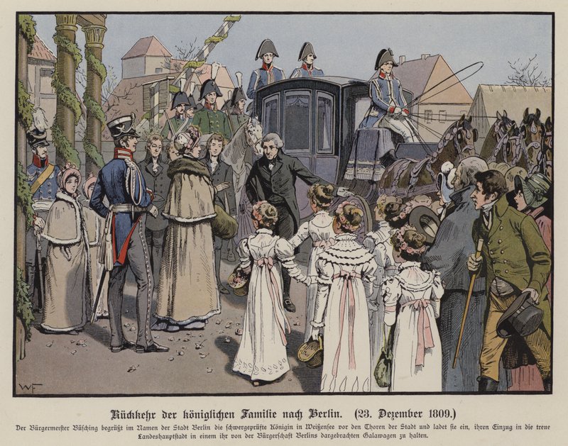 Retur av den prøyssiske kongefamilien til Berlin, 23. desember 1809 (farge litho) av German School