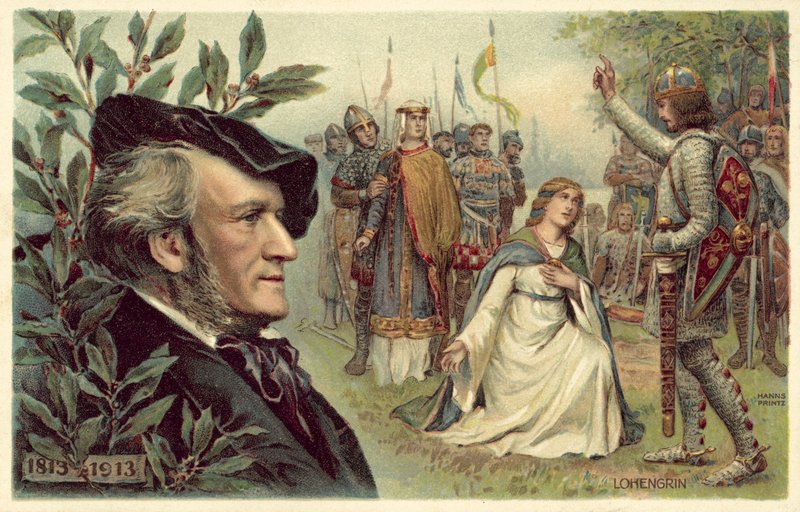 Richard Wagner og en scene fra operaen hans Lohengrin av German School