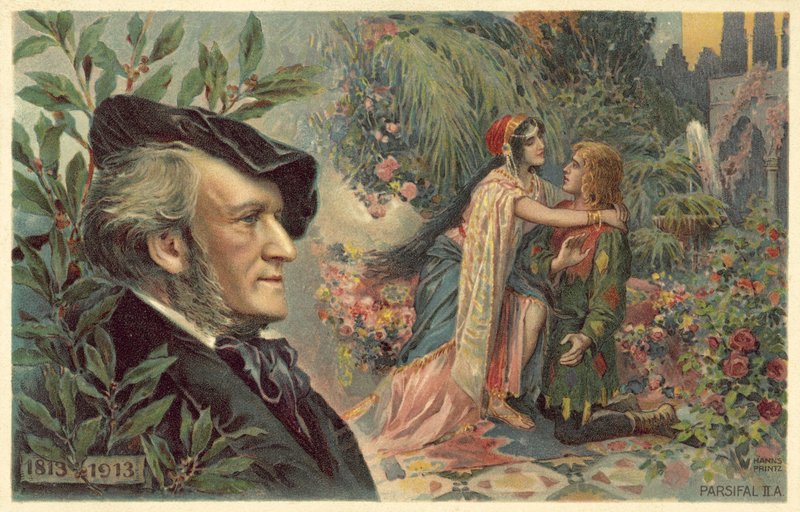 Richard Wagner og en scene fra operaen hans Parsifal av German School