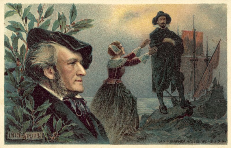 Richard Wagner og en scene fra hans opera The Flying Dutchman av German School