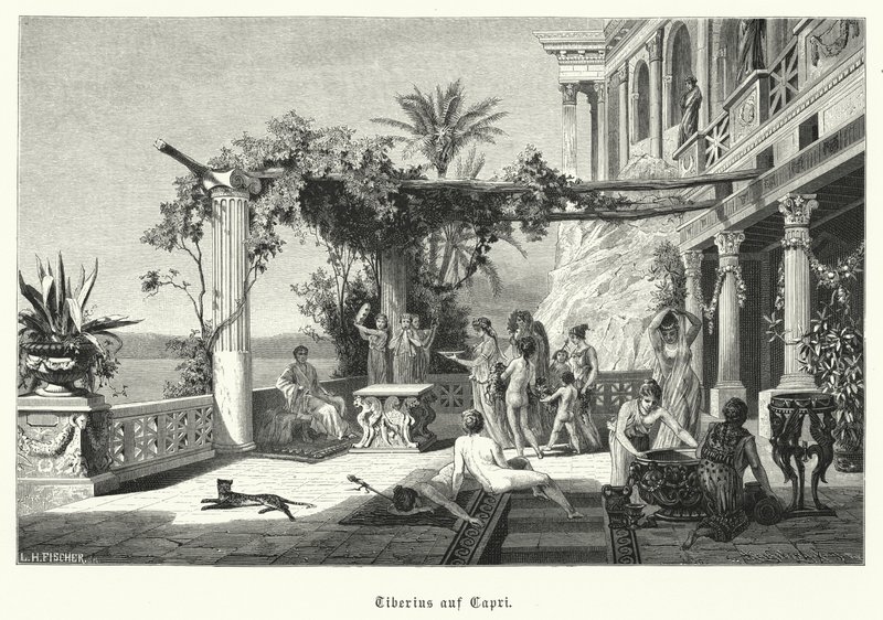 Romersk keiser Tiberius på øya Capri (gravering) av German School