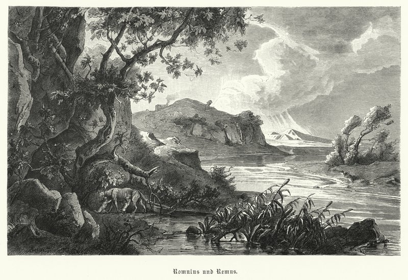Romulus og Remus, legendariske grunnleggere av det gamle Roma, blir die av ulven i villmarken (gravering) av German School