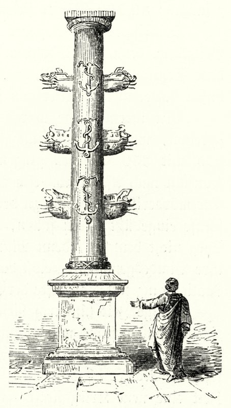 Rostral kolonne av Gaius Duilius, til minne om den romerske marineseieren over karthagerne i slaget ved Mylae i 260 f.Kr. (gravering) av German School