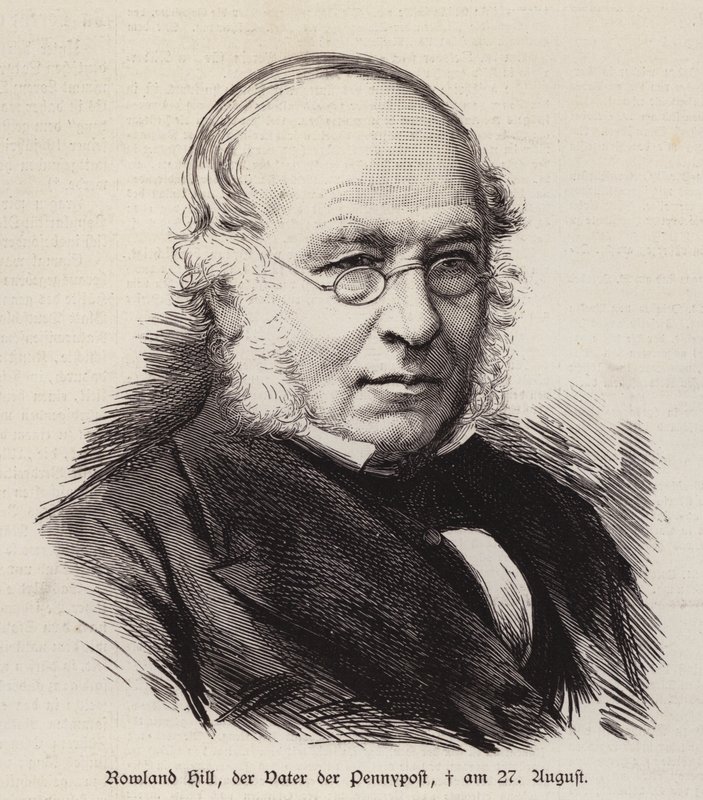 Rowland Hill , britisk reformator av postvesenet og oppfinneren av frimerket (gravering) av German School