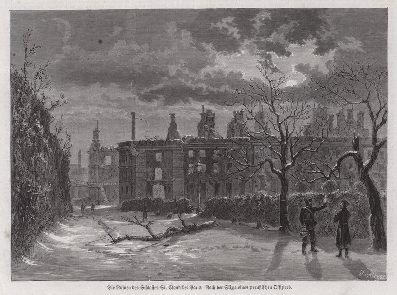 Ruinene av Chateau de Saint-Cloud, Paris, ødelagt av prøyssisk beskytning i 1870 under den fransk-prøyssiske krigen (gravering) av German School