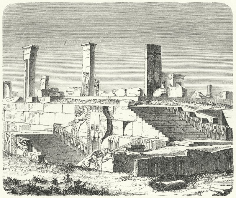 Ruinene av Xerxes-palasset ved Persepolis (gravering) av German School