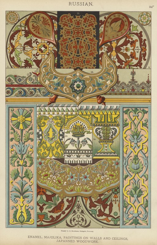 Russisk, emalje, majolika, malerier på vegger og tak, japansk treverk (litho-farge) av German School