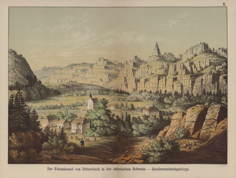 Sandsteinsfjellene i "Bohemian Switzerland", Jetrichovice (Dittersbach), Tsjekkia (farge litho) av German School