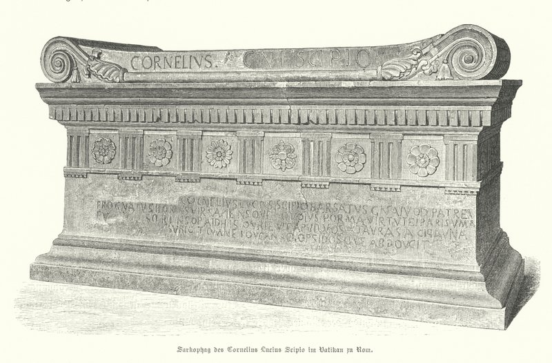 Sarkofag av romersk soldat og konsul Lucius Cornelius Scipio Barbatus i Vatikanet, Roma (gravering) av German School