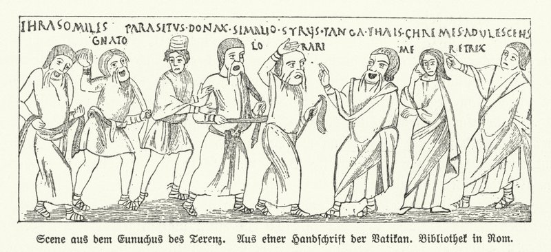 Scene fra Eunuchus (The Eunuch), komedie av den romerske dramatikeren Terence (litho) av German School