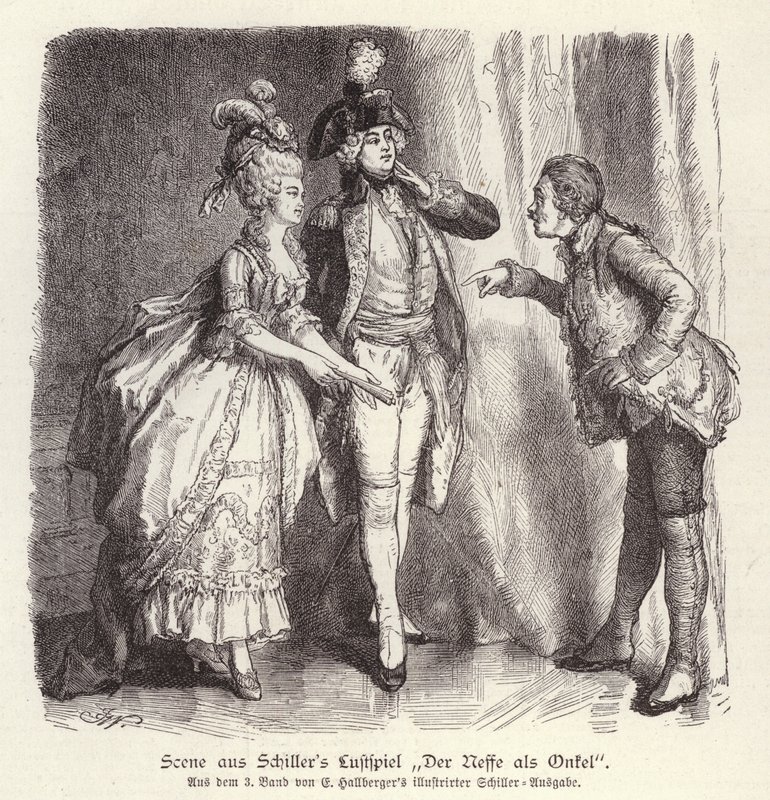 Scene fra Friedrich Schillers komedie Der Neffe als Onkel (Nevøen som onkel) (gravering) av German School