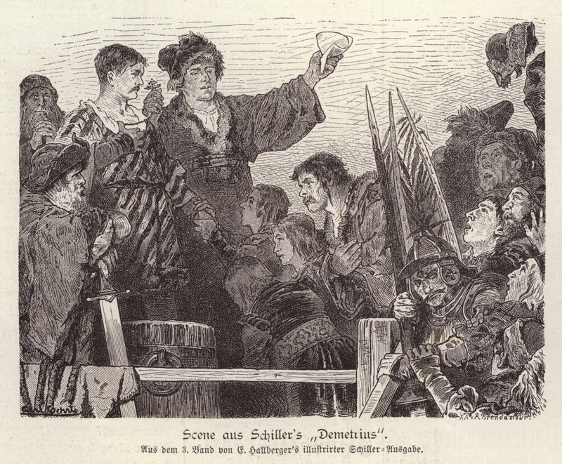 Scene fra Friedrich Schillers uferdige skuespill Demetrius (gravering) av German School