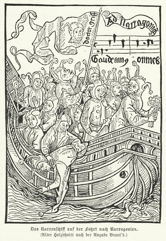 Scene fra Sebastian Brants satiriske allegori Ship of Fools (gravering) av German School