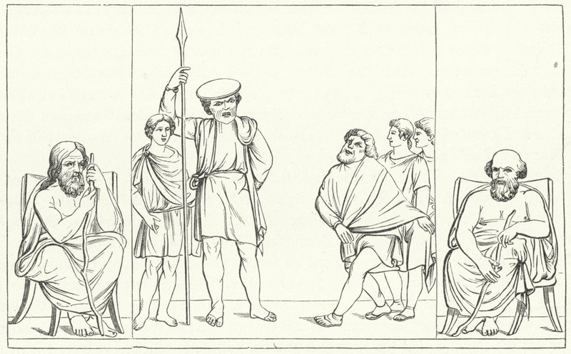 Scene fra et skuespill av den romerske dramatikeren Plautus (gravering) av German School