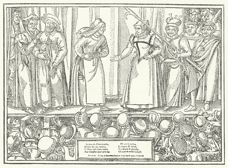 Scene fra et teaterstykke i et senmiddelaldersk teater (gravering) av German School