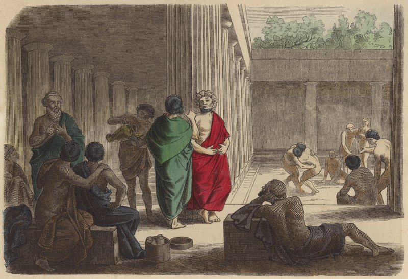 Scene i en gymsal i antikkens Hellas (farget gravering) av German School